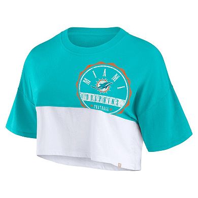 Women's Fanatics Branded Aqua/White Miami Dolphins Boxy Color Split Cropped T-Shirt