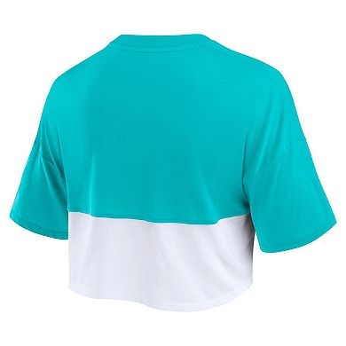 Women's Fanatics Branded Aqua/White Miami Dolphins Boxy Color Split Cropped T-Shirt