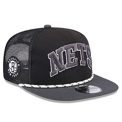 Men's New Era Black/Charcoal Brooklyn Nets Throwback Team Arch Golfer Snapback Hat
