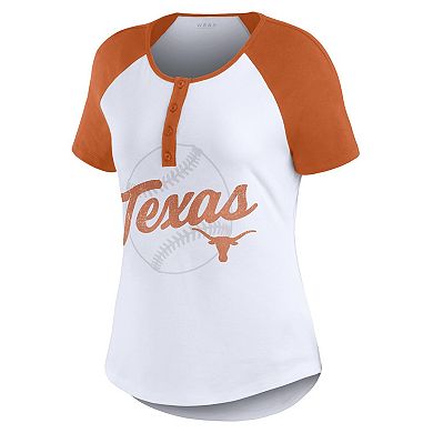Women's WEAR by Erin Andrews White Texas Longhorns Baseball Logo Raglan Henley T-Shirt