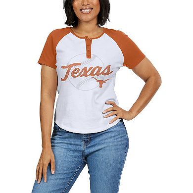 Women's WEAR by Erin Andrews White Texas Longhorns Baseball Logo Raglan Henley T-Shirt