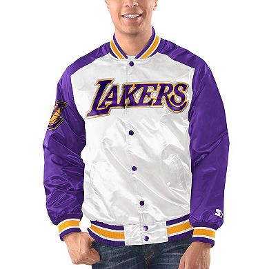 Men's Starter White/Purple Los Angeles Lakers Renegade Satin Full-Snap Varsity Jacket
