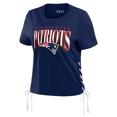 Women's WEAR by Erin Andrews Navy New England Patriots Lace Up Side Modest Cropped T-Shirt