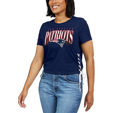 Women's WEAR by Erin Andrews Navy New England Patriots Lace Up Side Modest Cropped T-Shirt