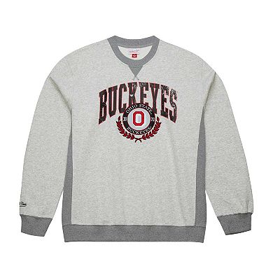 Men's Mitchell & Ness Heather Gray Ohio State Buckeyes Arched Fleece Crewneck Pullover Sweatshirt