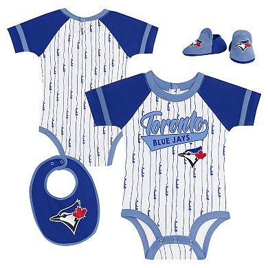 Newborn & Infant White Toronto Blue Jays Base Hitter Bodysuit, Bib & Bootie Set