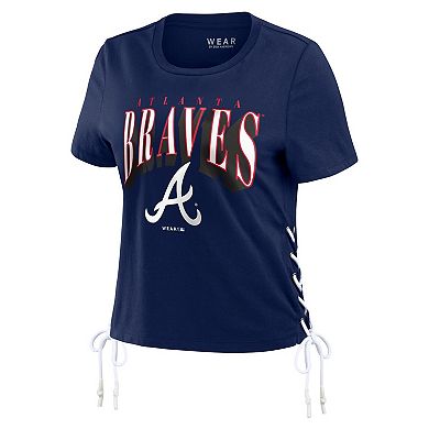 Women's WEAR by Erin Andrews Navy Atlanta Braves Side Lace-Up Cropped T-Shirt