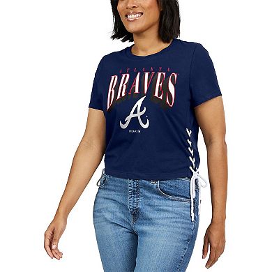 Women's WEAR by Erin Andrews Navy Atlanta Braves Side Lace-Up Cropped T-Shirt