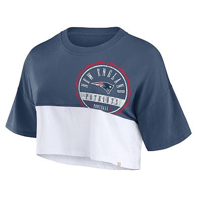 Women's Fanatics Branded Navy/White New England Patriots Boxy Color Split Cropped T-Shirt