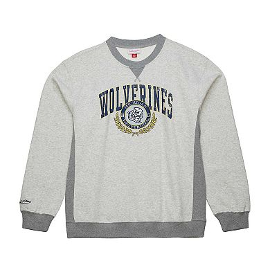 Men's Mitchell & Ness Heather Gray Michigan Wolverines Arched Fleece Crewneck Pullover Sweatshirt