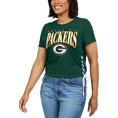 Women's WEAR by Erin Andrews Green Green Bay Packers Lace Up Side Modest Cropped T-Shirt