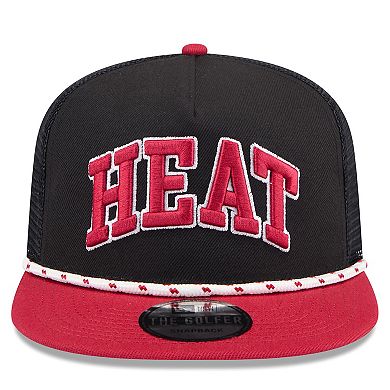 Men's New Era Black/Red Miami Heat Throwback Team Arch Golfer Snapback Hat