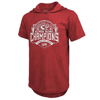 Men's Majestic Threads Travis Kelce Red Kansas City Chiefs Super Bowl LVIII Player Name & Number Tri-Blend Hoodie T-Shirt