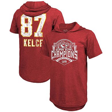 Men's Majestic Threads Travis Kelce Red Kansas City Chiefs Super Bowl LVIII Player Name & Number Tri-Blend Hoodie T-Shirt