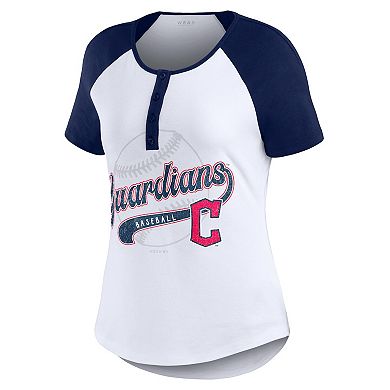 Women's WEAR by Erin Andrews White/Navy Cleveland Guardians Fitted Henley Raglan T-Shirt