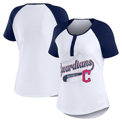 Women's WEAR by Erin Andrews White/Navy Cleveland Guardians Fitted Henley Raglan T-Shirt