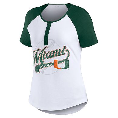 Women's WEAR by Erin Andrews White Miami Hurricanes Baseball Logo Raglan Henley T-Shirt