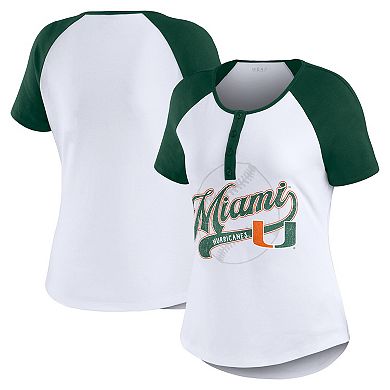 Women's WEAR by Erin Andrews White Miami Hurricanes Baseball Logo Raglan Henley T-Shirt