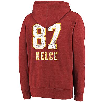 Men's Majestic Threads Travis Kelce Red Kansas City Chiefs Super Bowl LVIII Player Name & Number Tri-Blend Pullover Hoodie