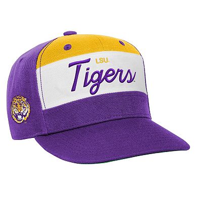 Youth Mitchell & Ness White/Purple LSU Tigers Retro Sport Color Block Script Snapback Hat