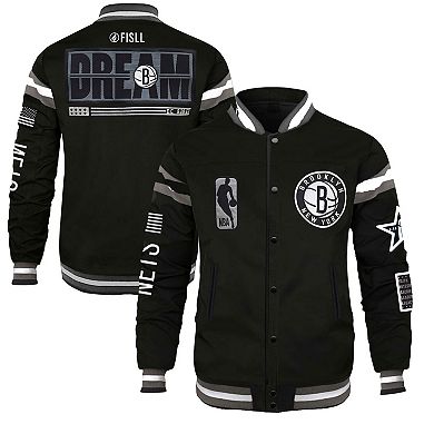 Unisex FISLL x Black History Collection  Black Brooklyn Nets Full-Snap Varsity Jacket