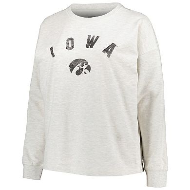 Women's Profile Oatmeal Iowa Hawkeyes Plus Size Distressed Arch Over Logo Neutral Boxy Pullover Sweatshirt