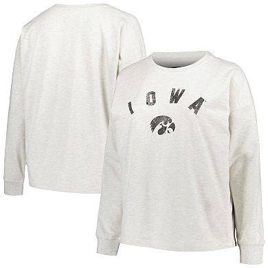 Women's Profile Oatmeal Iowa Hawkeyes Plus Size Distressed Arch Over Logo Neutral Boxy Pullover Sweatshirt
