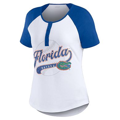 Women's WEAR by Erin Andrews White Florida Gators Baseball Logo Raglan Henley T-Shirt