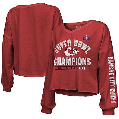 Women's Majestic Threads  Red Kansas City Chiefs Super Bowl LVIII Champions Always Champs Off-Shoulder Long Sleeve V-Neck T-Shirt