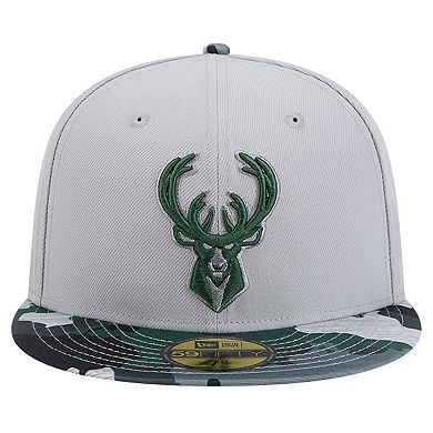 Men's New Era Gray Milwaukee Bucks Active Color Camo Visor 59FIFTY Fitted Hat