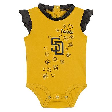 Girls Newborn & Infant Fanatics Branded Gold San Diego Padres Happy Baseball Bodysuit, Bib & Bootie Set