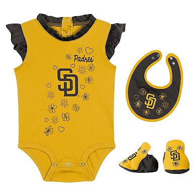 Girls Newborn & Infant Fanatics Branded Gold San Diego Padres Happy Baseball Bodysuit, Bib & Bootie Set