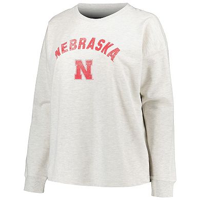Women's Profile Oatmeal Nebraska Huskers Plus Size Distressed Arch Over Logo Neutral Boxy Pullover Sweatshirt