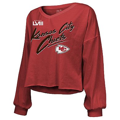 Women's Majestic Threads Patrick Mahomes Red Kansas City Chiefs Super Bowl LVIII Name & Number Script Off-Shoulder Cropped Long Sleeve T-Shirt