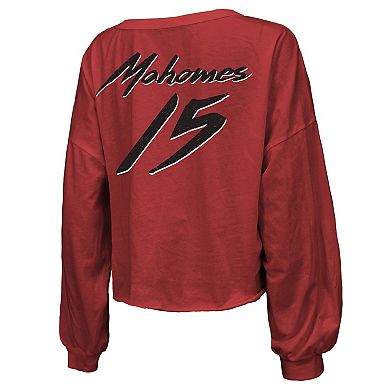 Women's Majestic Threads Patrick Mahomes Red Kansas City Chiefs Super Bowl LVIII Name & Number Script Off-Shoulder Cropped Long Sleeve T-Shirt