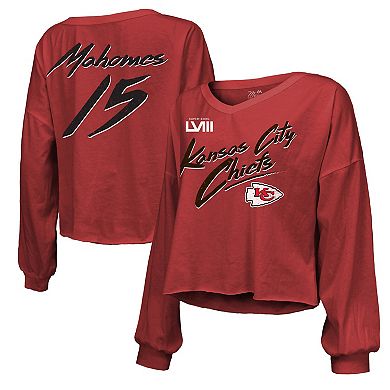 Women's Majestic Threads Patrick Mahomes Red Kansas City Chiefs Super Bowl LVIII Name & Number Script Off-Shoulder Cropped Long Sleeve T-Shirt