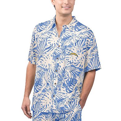 Men's Margaritaville Tan Los Angeles Chargers Sand Washed Monstera Print Party Button-Up Shirt