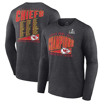 Men's Fanatics Branded Heather Charcoal Kansas City Chiefs Super Bowl LVIII Champions Roster Best Teammates Long Sleeve T-Shirt