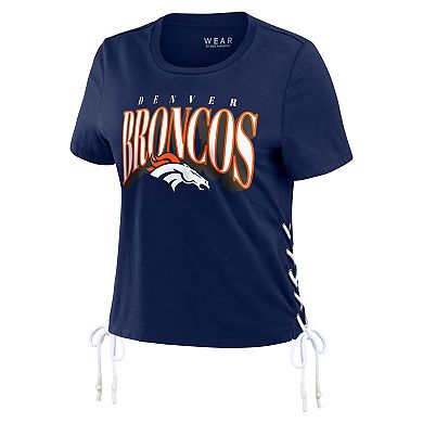 Women's WEAR by Erin Andrews Navy Denver Broncos Lace Up Side Modest Cropped T-Shirt