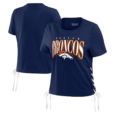 Women's WEAR by Erin Andrews Navy Denver Broncos Lace Up Side Modest Cropped T-Shirt