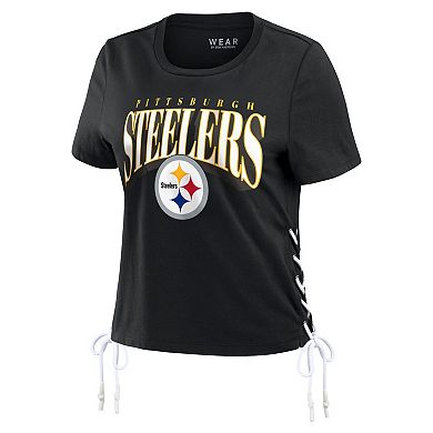 Women's WEAR by Erin Andrews Black Pittsburgh Steelers Lace Up Side Modest Cropped T-Shirt