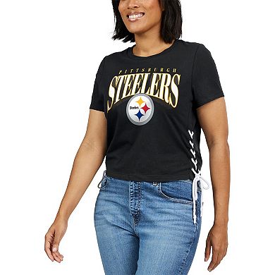 Women's WEAR by Erin Andrews Black Pittsburgh Steelers Lace Up Side Modest Cropped T-Shirt