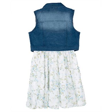 Girls 7-16 Rare Editions 2-Piece Floral Chiffon Dress & Denim Vest Set