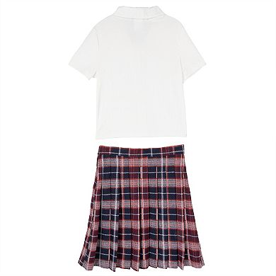 Girls 7-16 Rare Editions 2-Piece Polo & Pleated Plaid Skirt Set