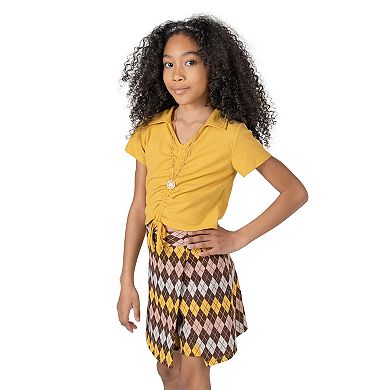 Girls 7-16 Rare Editions 3-Piece Cinched Polo Tee, Argyle Print Skort & Necklace Set
