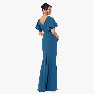 Women's BA Nites Long Scuba Crepe Ruffle Sleeve Gown