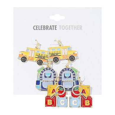 Celebrate Together Gold Tone School Bus Books Backpack Drop Earrings 3 Pack Set