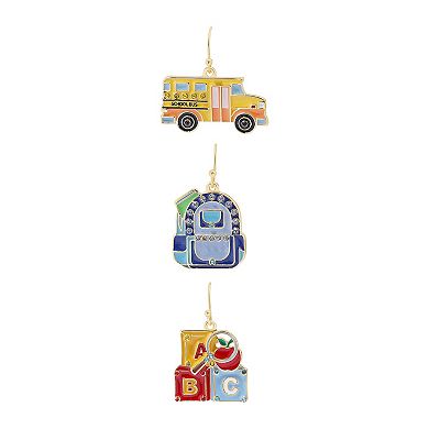Celebrate Together Gold Tone School Bus Books Backpack Drop Earrings 3 Pack Set