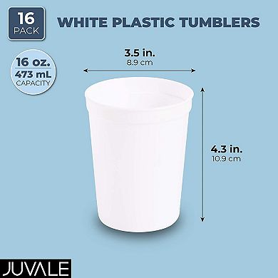 White Stadium Cups, Reusable Plastic Party Tumblers (16 Oz, 16 Pack)