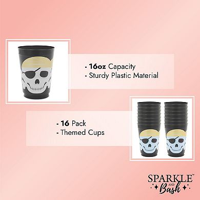 16 Oz Plastic Tumbler Cups For Kids, Pirate Birthday Party Supplies (16 Pack)